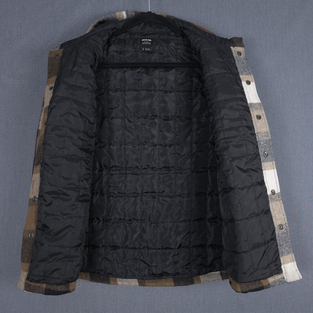 Prana Asgard Hooded Flannel Shirt Mens Small Plaid Wool Blend Snap Up Shacket - Picture 8 of 12